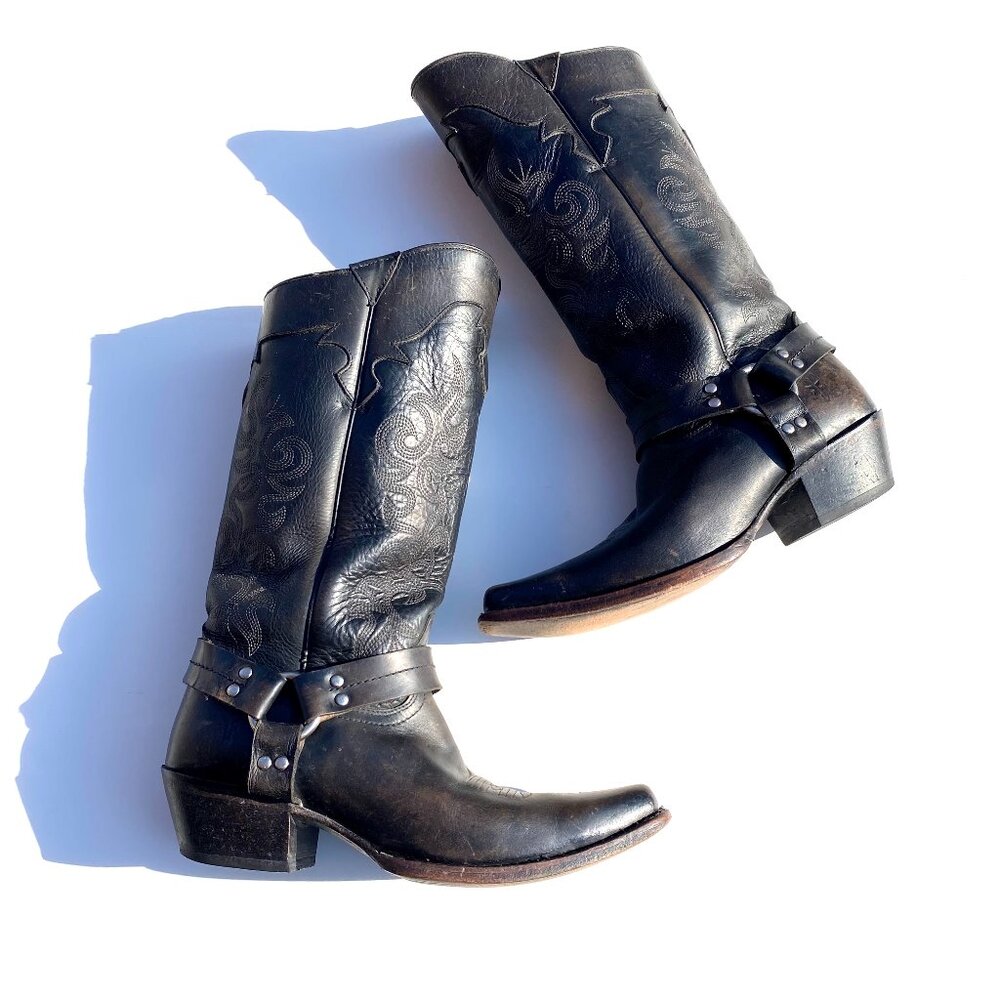 Frye Western style embroidered cowboy boots, Lily Harness Tall, black, size 9.5